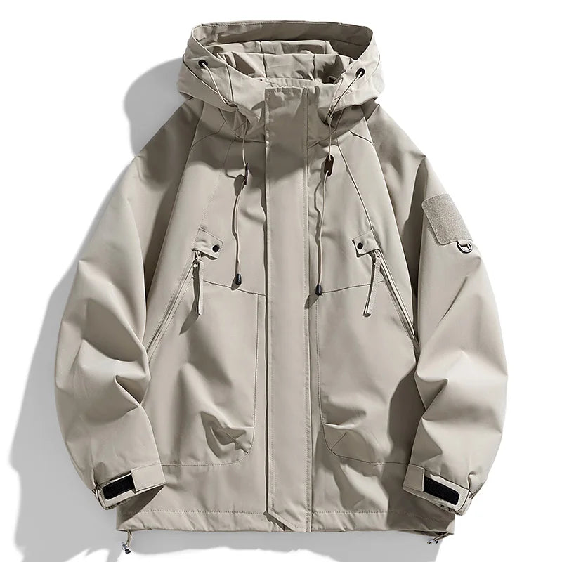 Windbreakers Men Hooded Jacket Zipper Coat Cargo Waterproof Black Bomber Camping Loose Thin Softshell Hooded Hiking Jacket